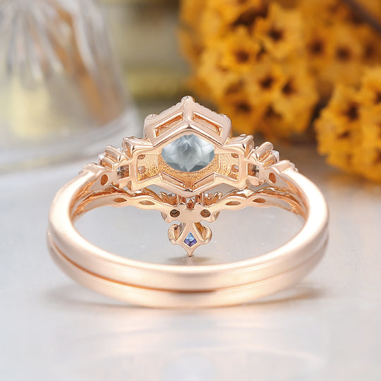 Fijn Rond Aquamarijn Bloemen Bruidsring Set 14K Roségoud Jubileumring Set Voor Haar