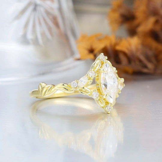 Brilliant Leaf Design Marquise Moissanite Engagement Ring Nature Inspired Bridal Ring