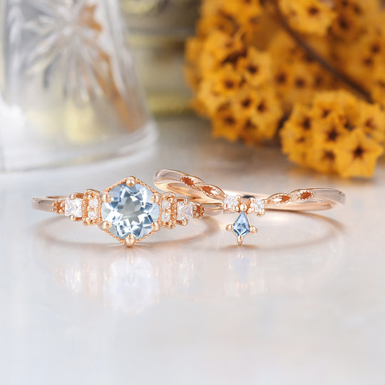 Fijn Rond Aquamarijn Bloemen Bruidsring Set 14K Roségoud Jubileumring Set Voor Haar