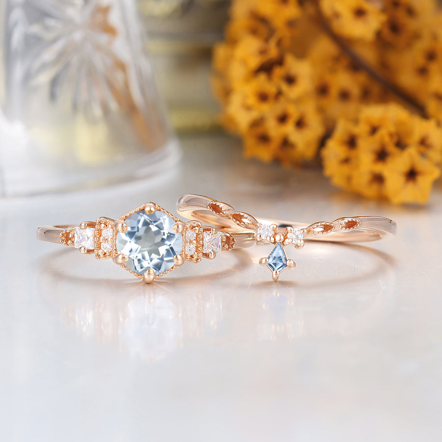 Dainty Round Aquamarine Floral Bridal Ring Set 14K Rose Gold Anniversary Ring Set For Her