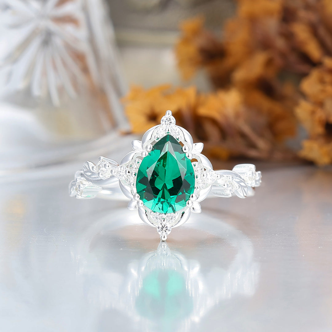 Floral Halo Pear Cut Emerald Engagement Ring For Her Fairycore Elegant Emerald Women Anniversary Ring
