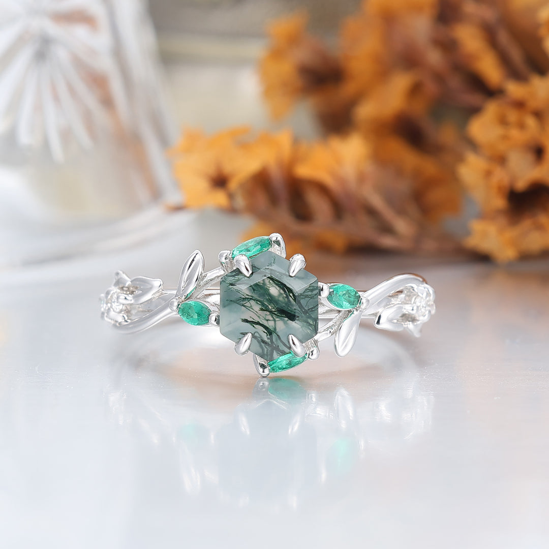 Dainty Leaf Style Hexagon Moss Agate Bridal Ring 14K Gold Handmade Women Ring