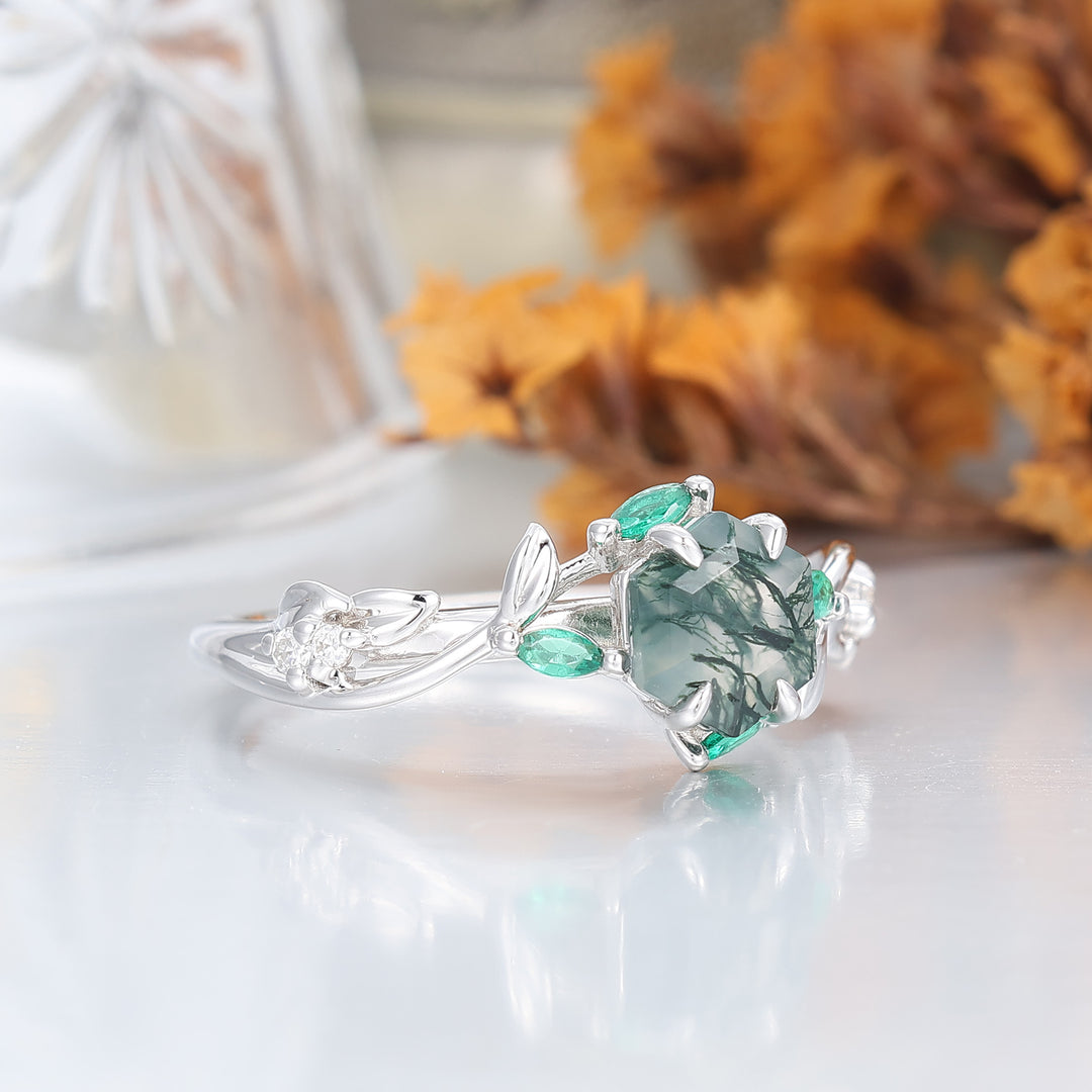Dainty Leaf Style Hexagon Moss Agate Bridal Ring 14K Gold Handmade Women Ring