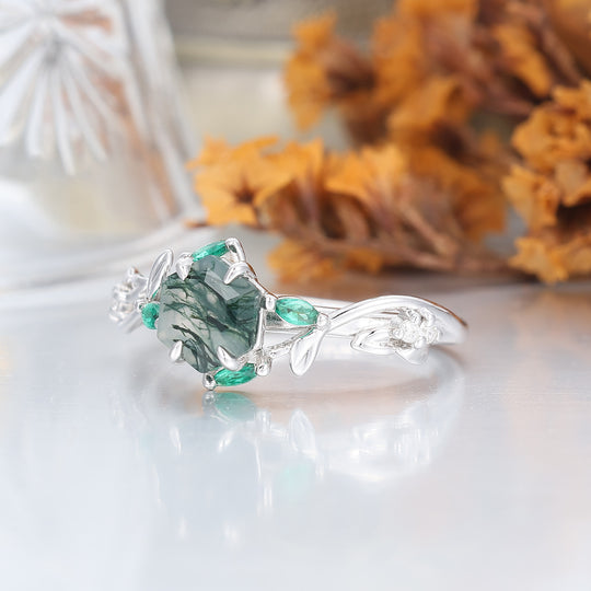 Dainty Leaf Style Hexagon Moss Agate Bridal Ring 14K Gold Handmade Women Ring
