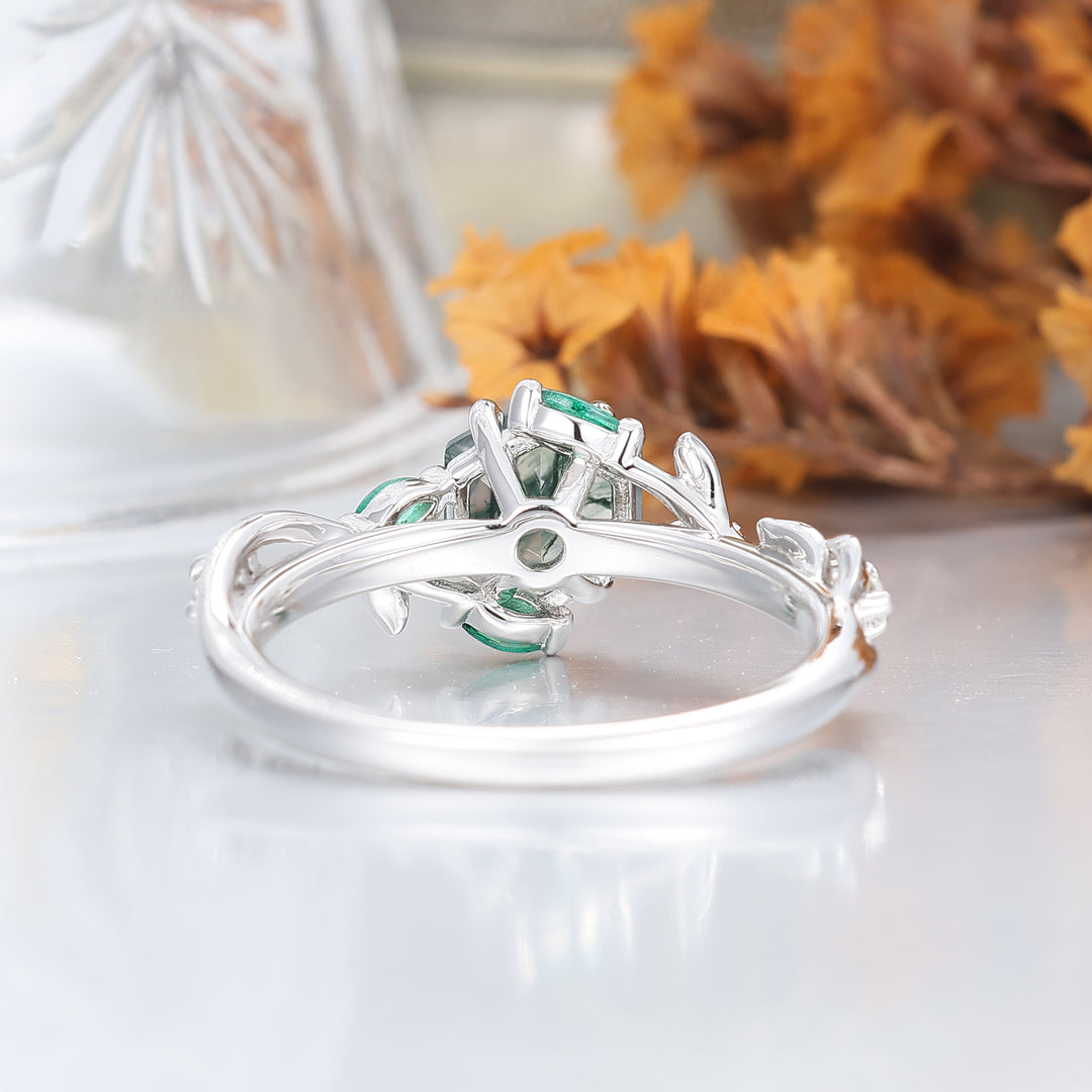 Dainty Leaf Style Hexagon Moss Agate Bridal Ring 14K Gold Handmade Women Ring