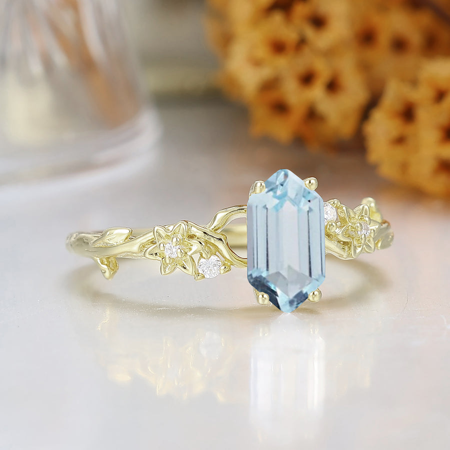 Art Deco Branch Floral Design Aquamarine Bridal Ring 14K Solid Gold Women Fine Ring