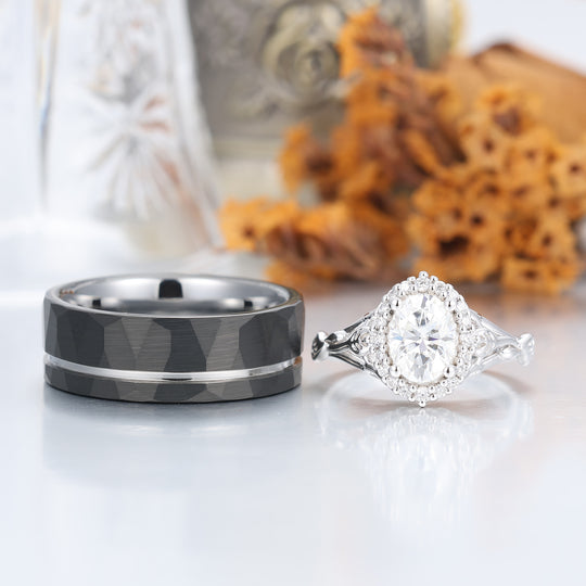 Unique Moissanite Feuille Florale Bagues de Couple Art Déco Argent et Tungstène Ensemble de Bagues de Mariage