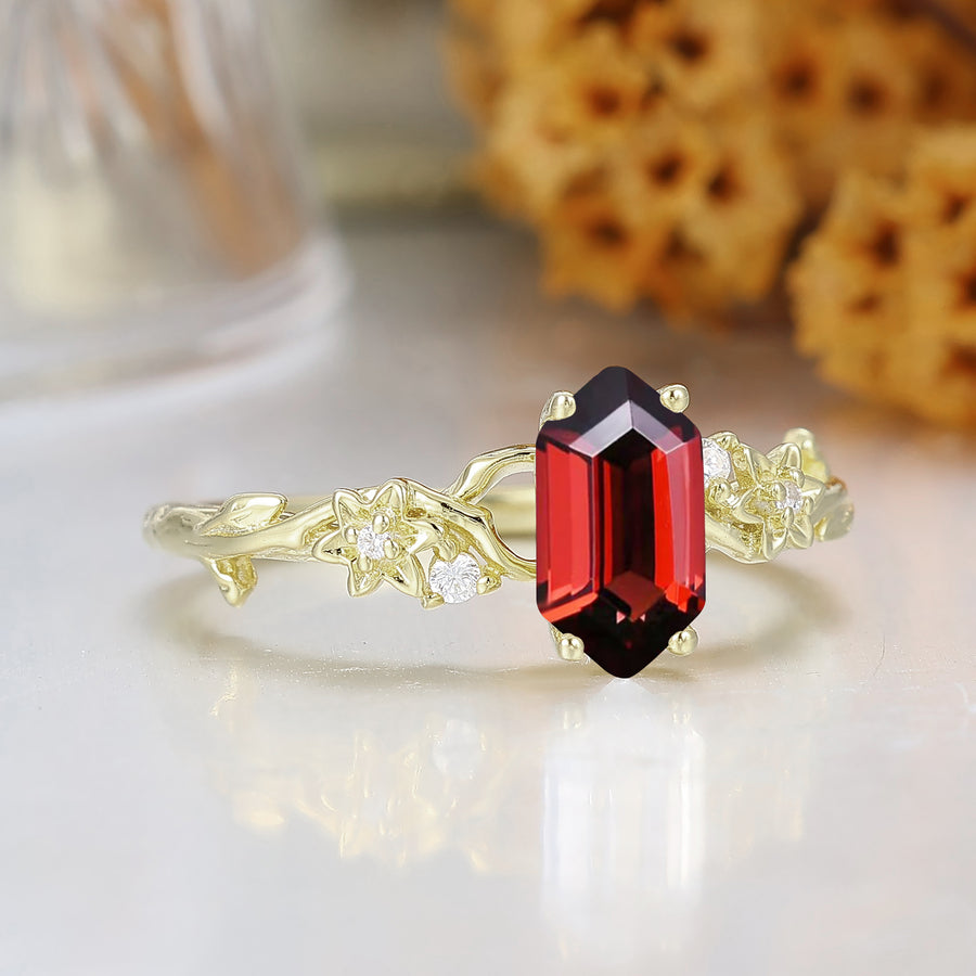 Natural Red Garnet Branch Bridal Ring 14K Yellow Gold Engraved Floral Women Ring