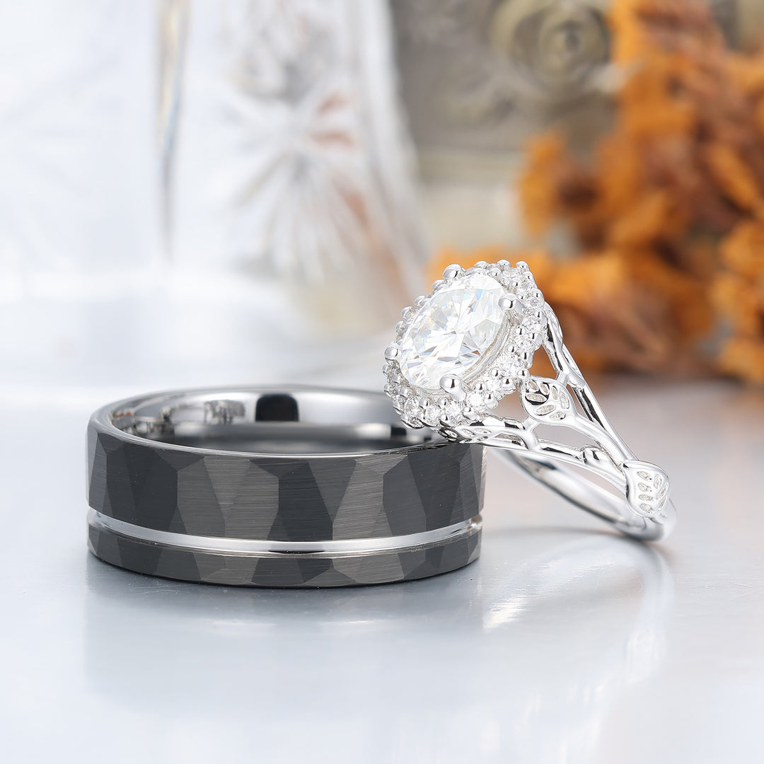 Unique Moissanite Feuille Florale Bagues de Couple Art Déco Argent et Tungstène Ensemble de Bagues de Mariage