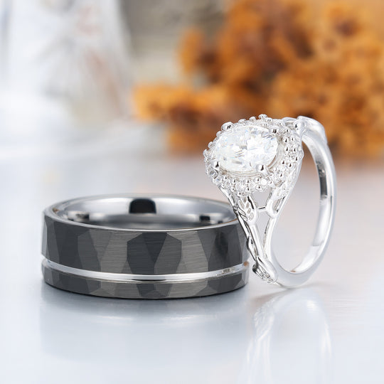 Unique Moissanite Feuille Florale Bagues de Couple Art Déco Argent et Tungstène Ensemble de Bagues de Mariage