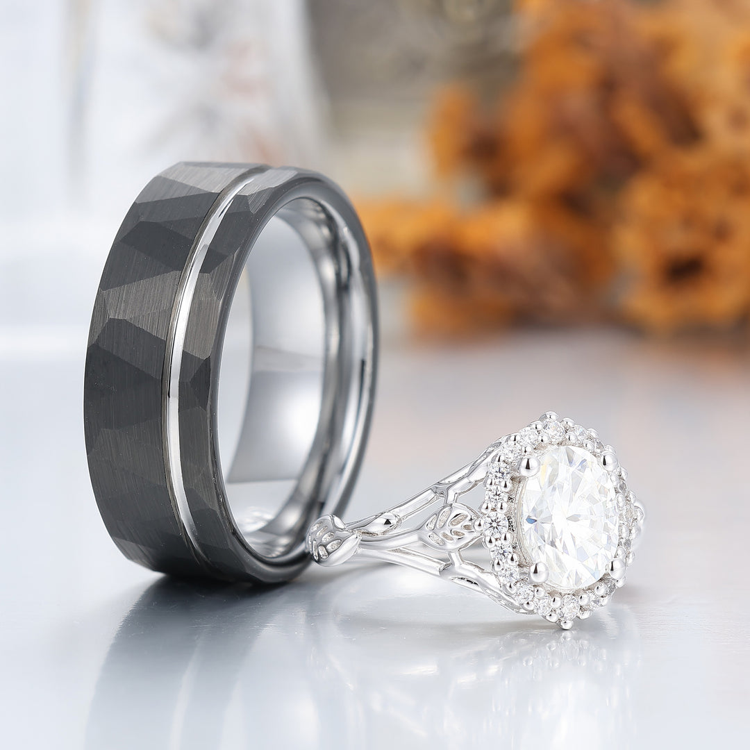 Unique Moissanite Feuille Florale Bagues de Couple Art Déco Argent et Tungstène Ensemble de Bagues de Mariage