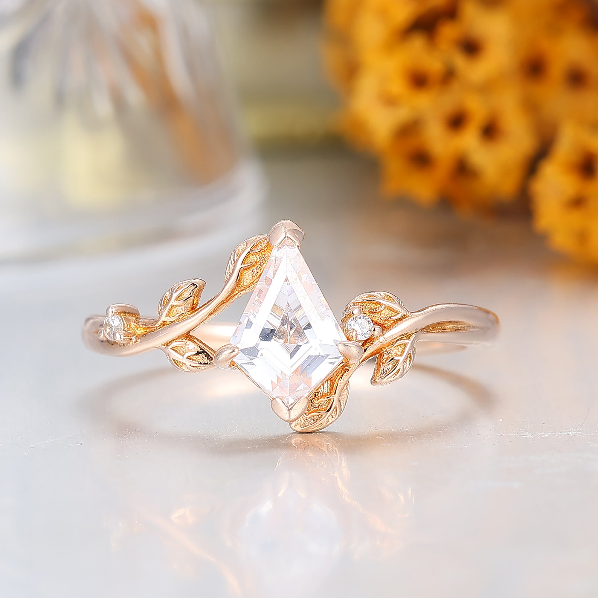 Leaf Inspired 1.35CT Kite Cut Moissanite Engagement Ring 14K Rose