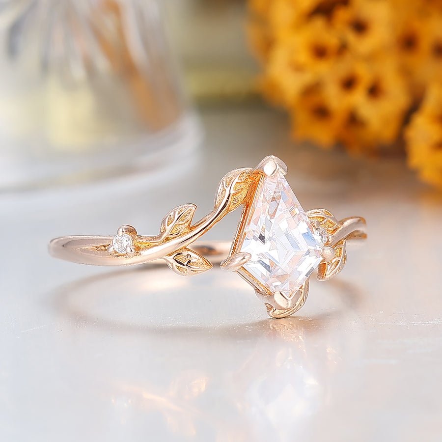 Leaf Inspired 1.35CT Kite Cut Moissanite Engagement Ring 14K Rose Gold Bridal Ring For Women