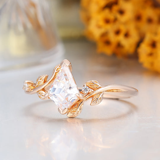 Blattinspiriert 1.35CT Kite-Schliff Moissanit Verlobungsring 14K Roségold Brautring für Frauen
