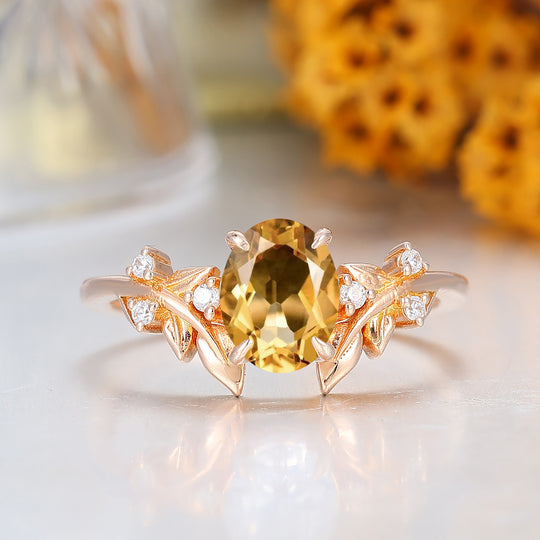 Leaf Vine Style Oval Cut Citrine Engagement Ring 14K Solid Gold Ring For Her
