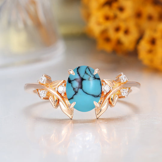 Leaf Vine Style Oval Cut Turquoise Engagement Ring 14K Solid Gold Ring For Her