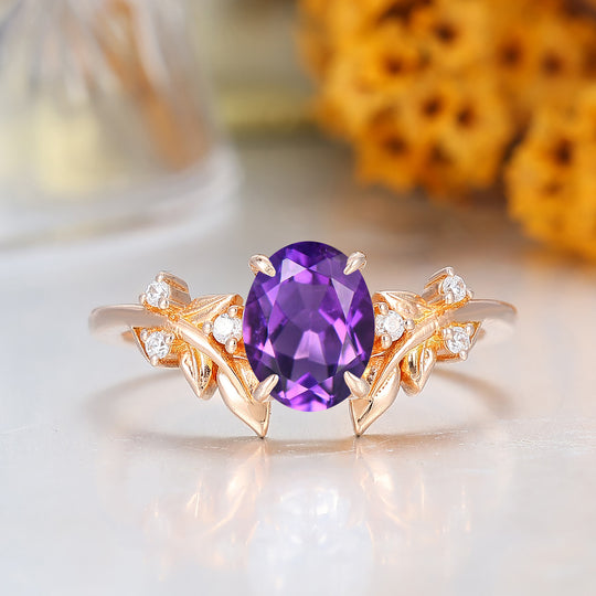 Bague de fiançailles pour femme en améthyste naturelle taille ovale style feuille Art déco bague de promesse