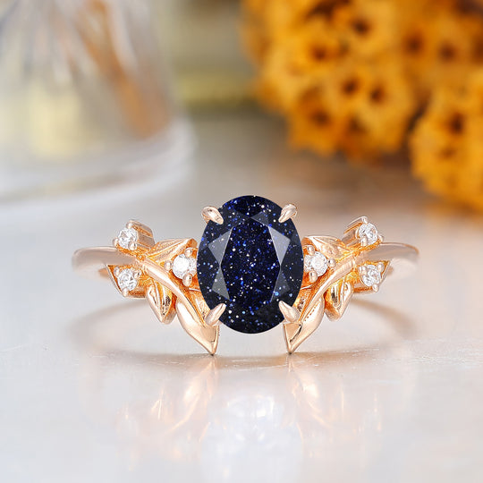 Leaf Branch Design Oval Cut Blue Sandstone Bridal Ring 14K Solid Gold Women Ring