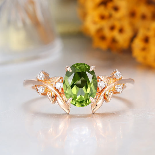 Natuurlijk Geïnspireerde Peridoot Bruidsring Art Deco 14K Massief Goud Damesring