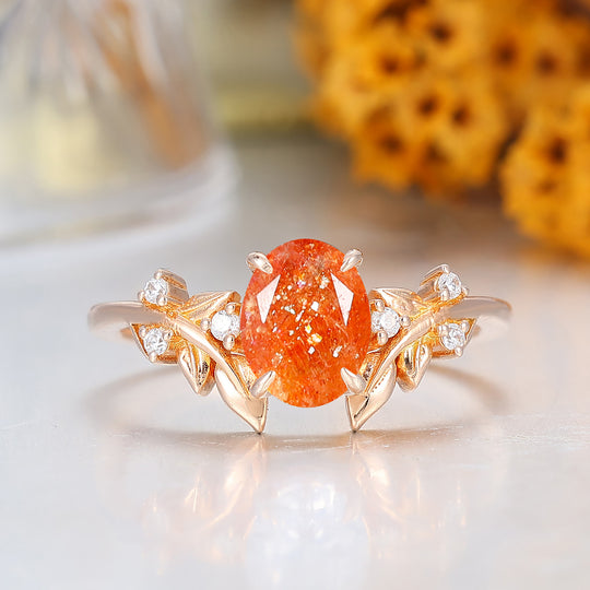 Natural Inspired Sunstone Engagement Ring Art Deco 14K Rose Gold Women Ring