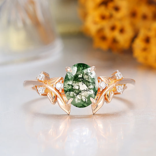 Oval Shape Natural Moss Agate Branch Bridal Ring 14K Rose Gold Engraved Leaf Women Ring