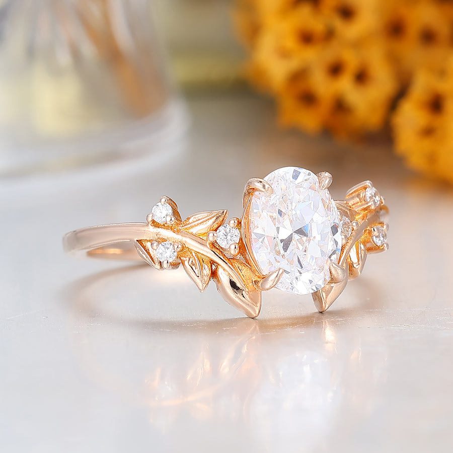 1.50CT Oval Cut Moissanite Natrue Inspired Moissanite Leaf Design Ring