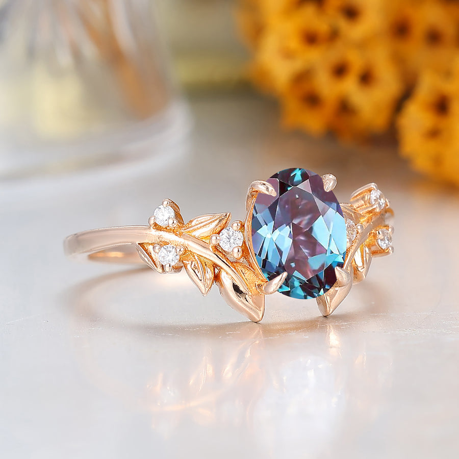 Leaf Inspired Oval Shape Alexandrite Bridal Ring Solid 14K Solid Gold Wedding Ring For Her