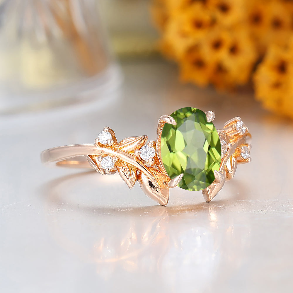 Natural Inspired Peridot Bridal Ring Art Deco 14K Solid Gold Women Ring