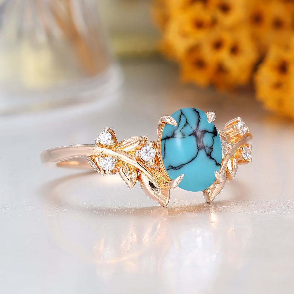 Leaf Vine Style Oval Cut Turquoise Engagement Ring 14K Solid Gold Ring For Her