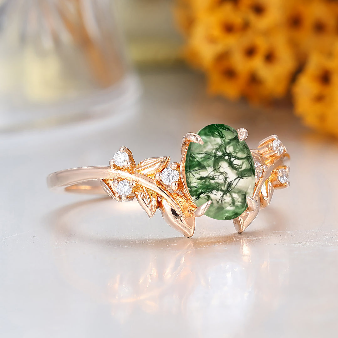 Oval Shape Natural Moss Agate Branch Bridal Ring 14K Rose Gold Engraved Leaf Women Ring