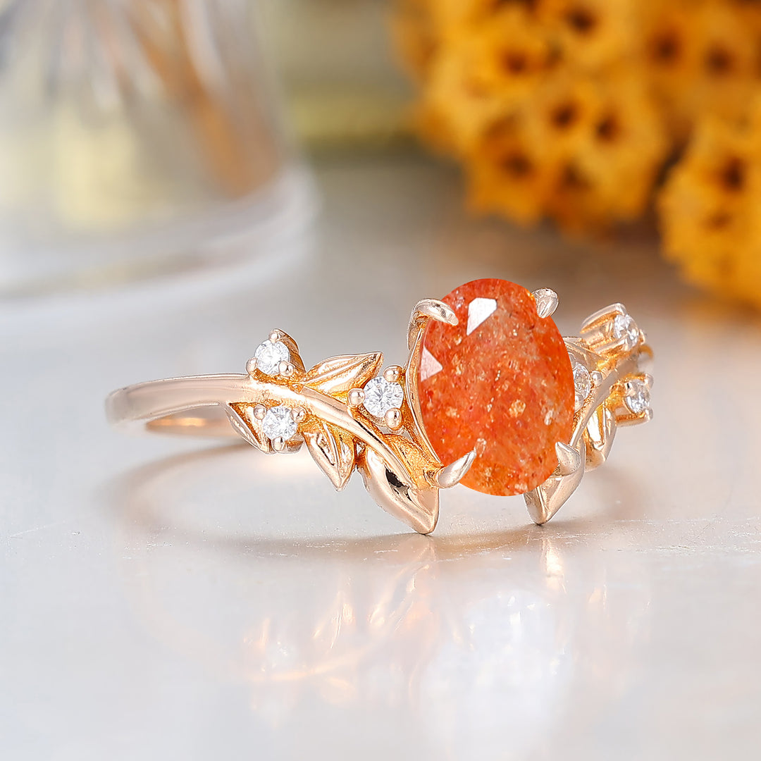 Natural Inspired Sunstone Engagement Ring Art Deco 14K Rose Gold Women Ring