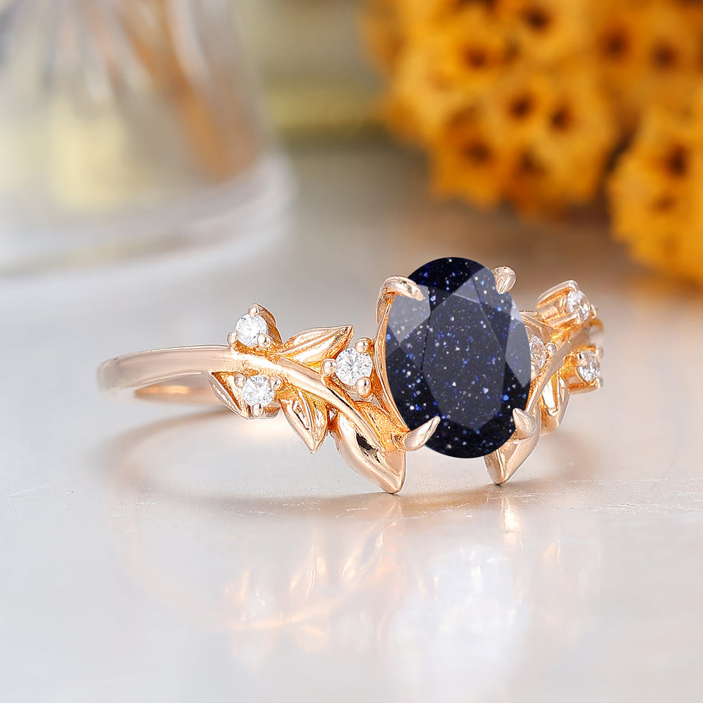 Leaf Branch Design Oval Cut Blue Sandstone Bridal Ring 14K Solid Gold Women Ring