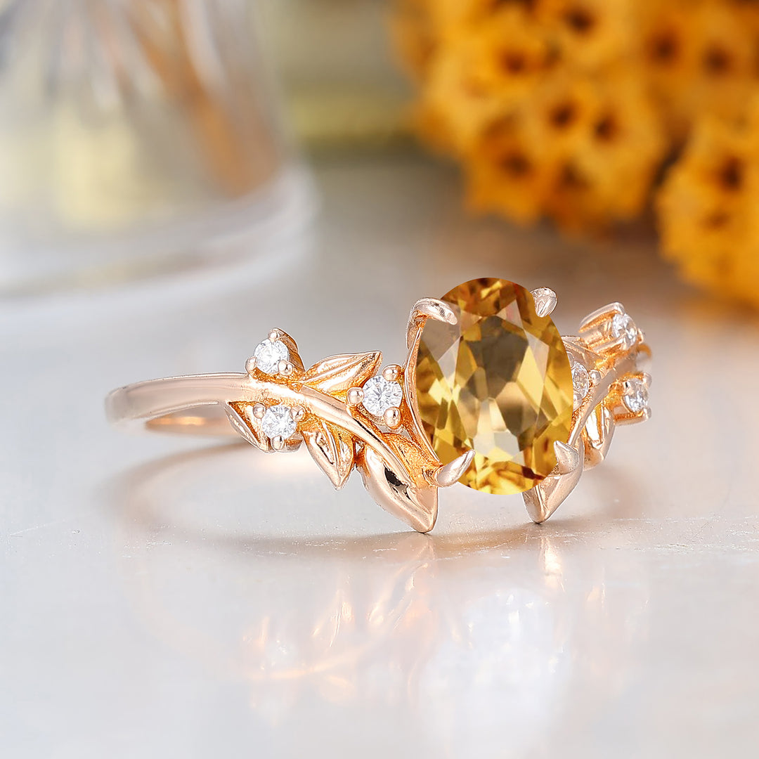 Leaf Vine Style Oval Cut Citrine Engagement Ring 14K Solid Gold Ring For Her