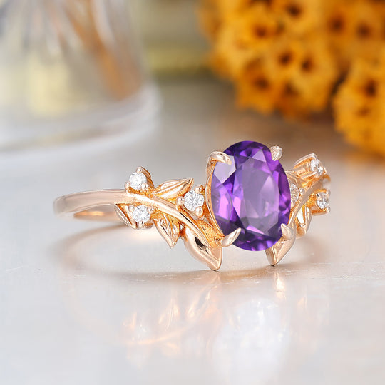 Bague de fiançailles pour femme en améthyste naturelle taille ovale style feuille Art déco bague de promesse