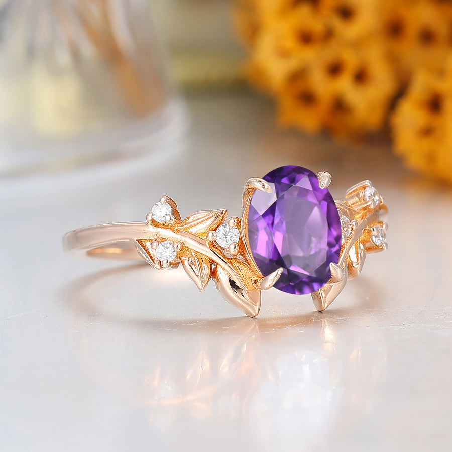 Art Deco Leaf Style Oval Cut Natural Amethyst Engagement Ring Promise Women Ring