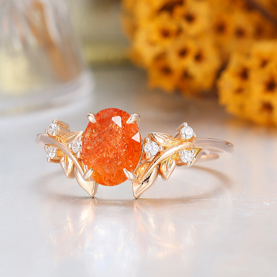 Natural Inspired Sunstone Engagement Ring Art Deco 14K Rose Gold Women Ring