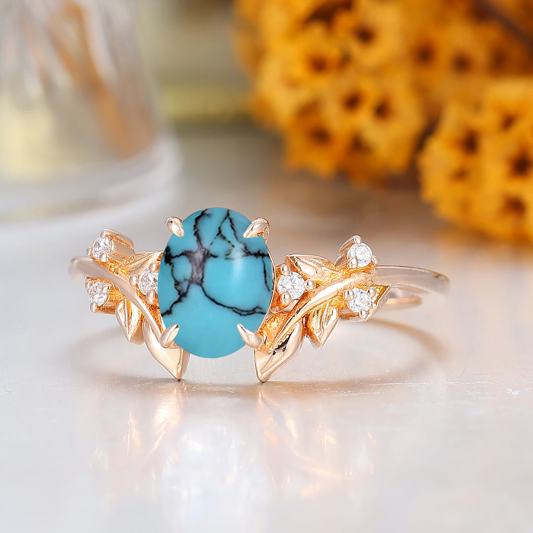 Leaf Vine Style Oval Cut Turquoise Engagement Ring 14K Solid Gold Ring For Her