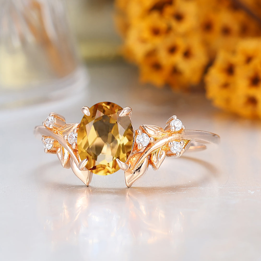 Leaf Vine Style Oval Cut Citrine Engagement Ring 14K Solid Gold Ring For Her