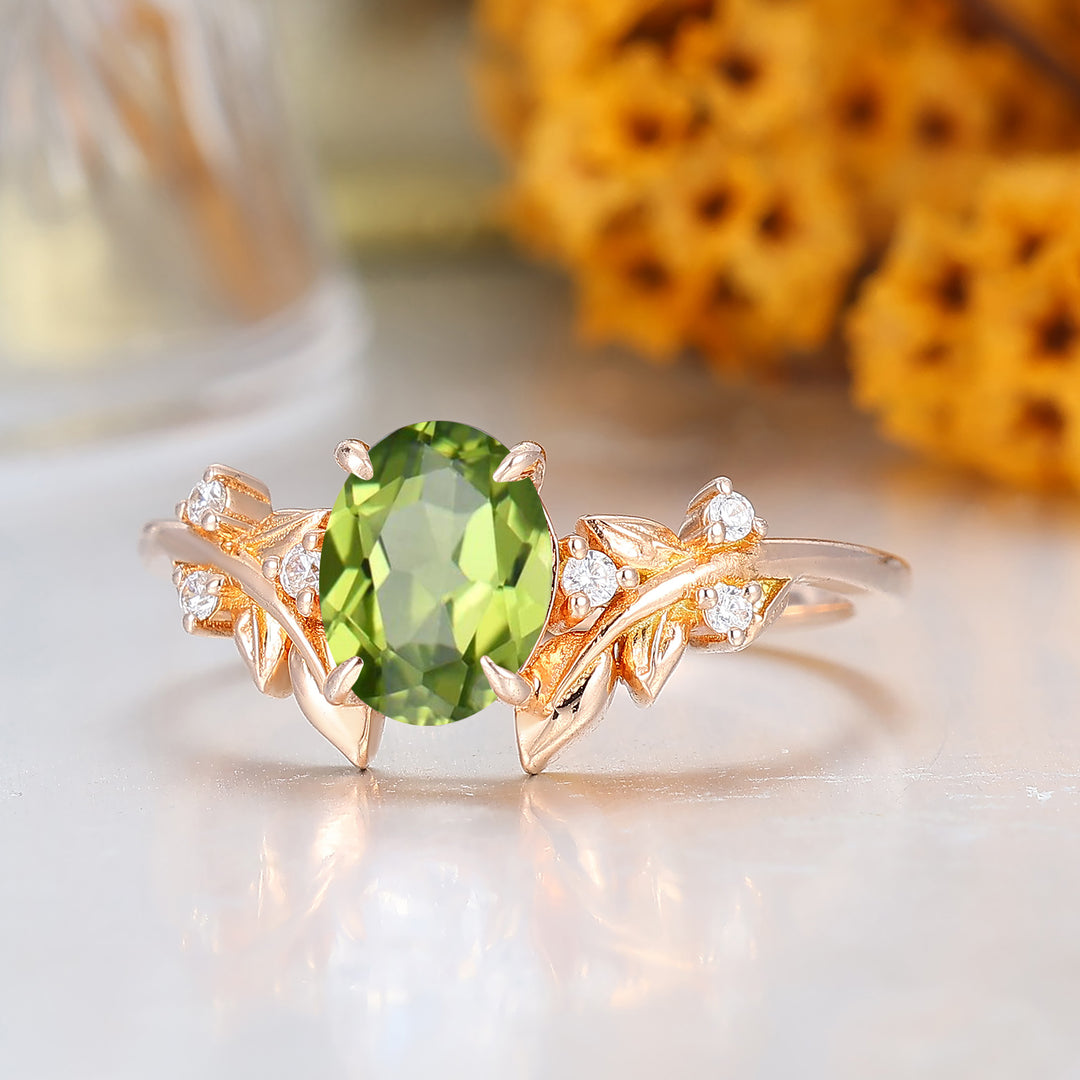 Natuurlijk Geïnspireerde Peridoot Bruidsring Art Deco 14K Massief Goud Damesring