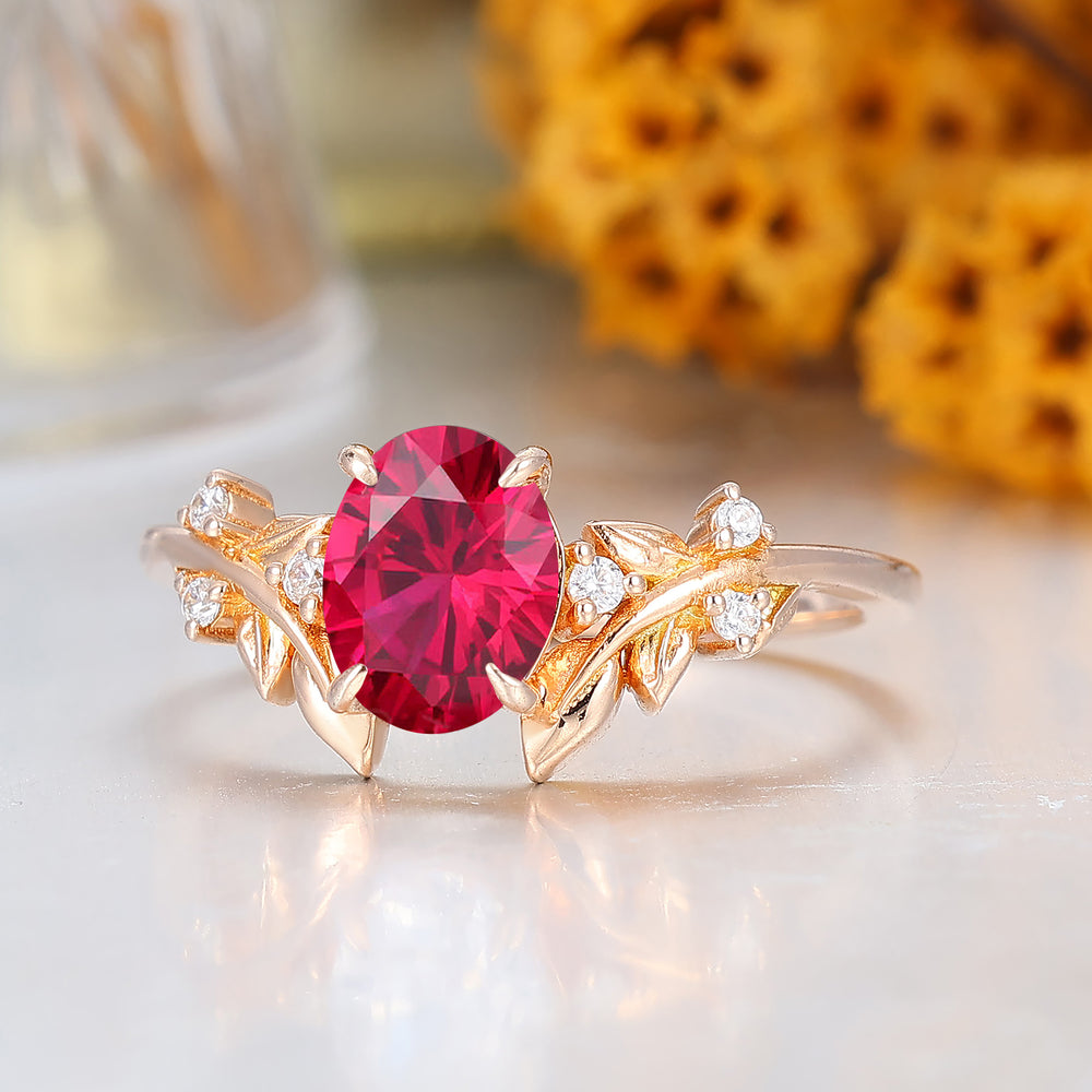 Leaf Vine Style Oval Cut Ruby Engagement Ring 14K Solid Gold Ring For Her