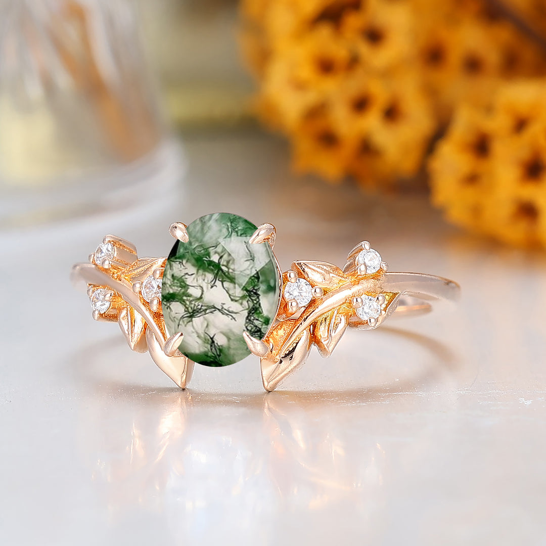 Oval Shape Natural Moss Agate Branch Bridal Ring 14K Rose Gold Engraved Leaf Women Ring