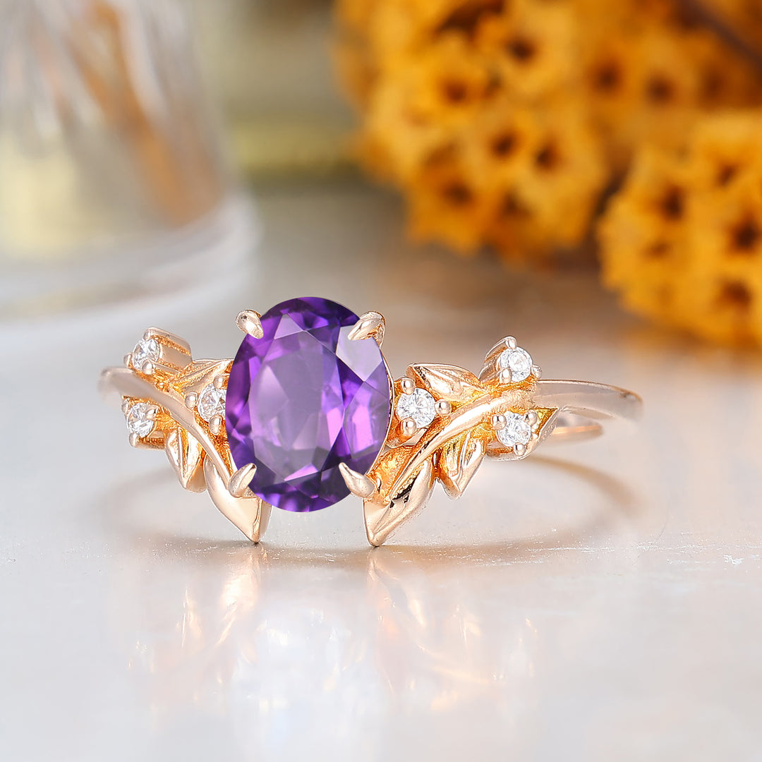 Bague de fiançailles pour femme en améthyste naturelle taille ovale style feuille Art déco bague de promesse