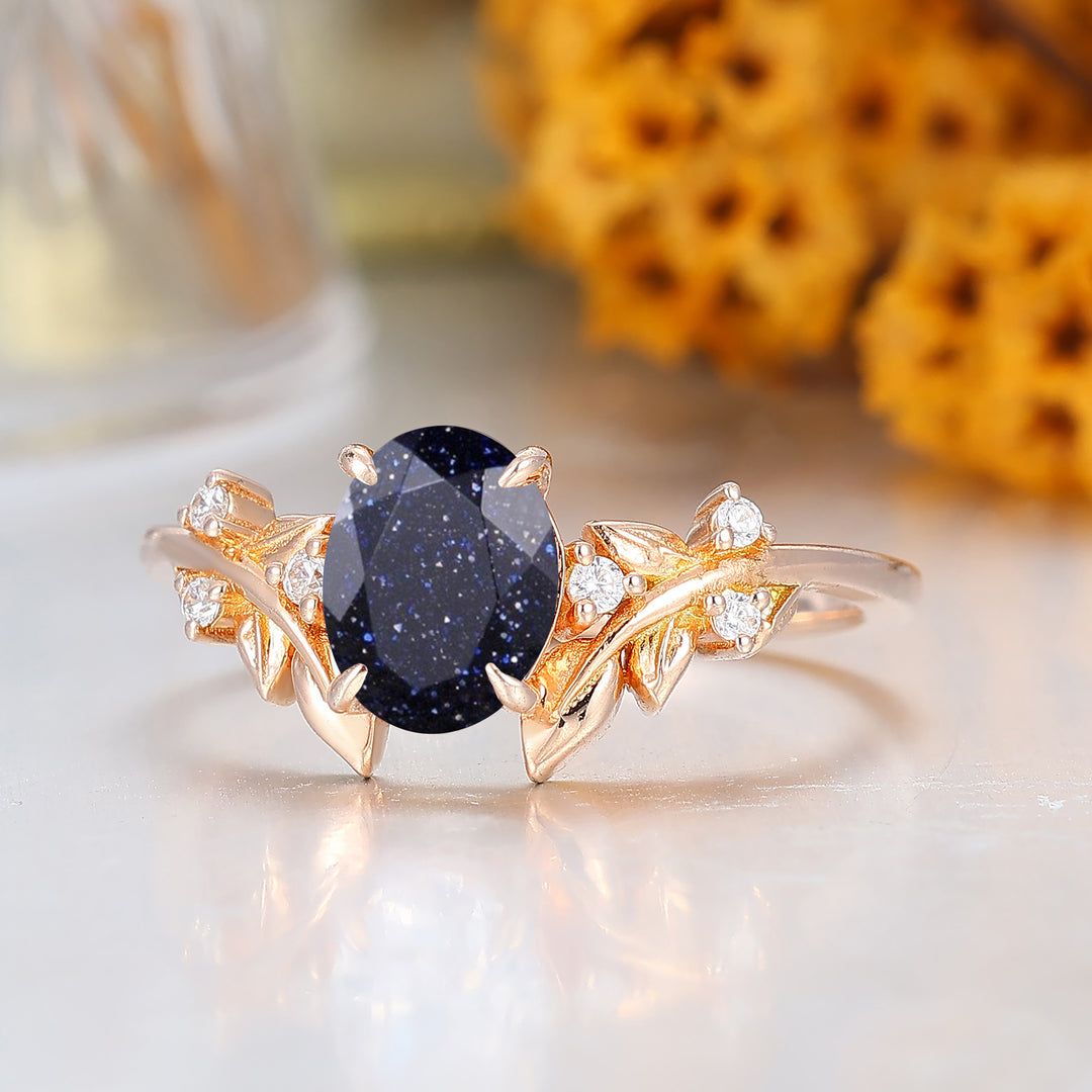 Leaf Branch Design Oval Cut Blue Sandstone Bridal Ring 14K Solid Gold Women Ring