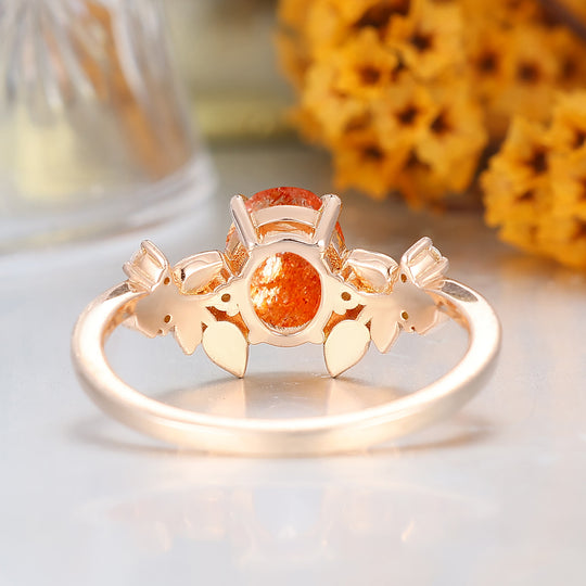 Natural Inspired Sunstone Engagement Ring Art Deco 14K Rose Gold Women Ring
