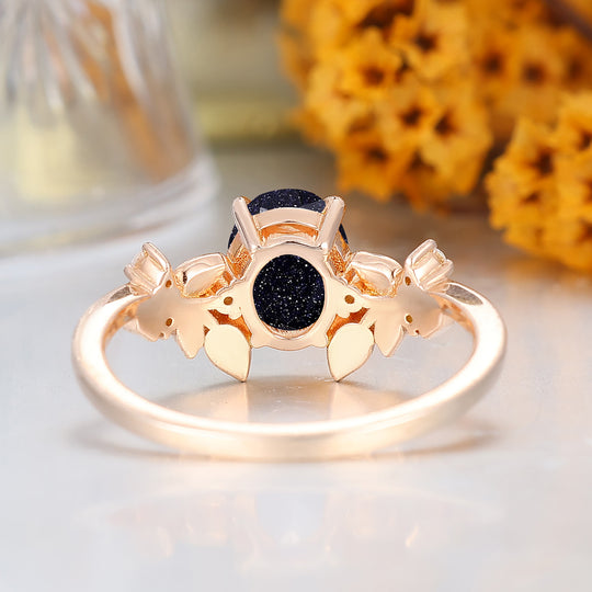 Leaf Branch Design Oval Cut Blue Sandstone Bridal Ring 14K Solid Gold Women Ring