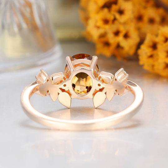 Leaf Vine Style Oval Cut Citrine Engagement Ring 14K Solid Gold Ring For Her