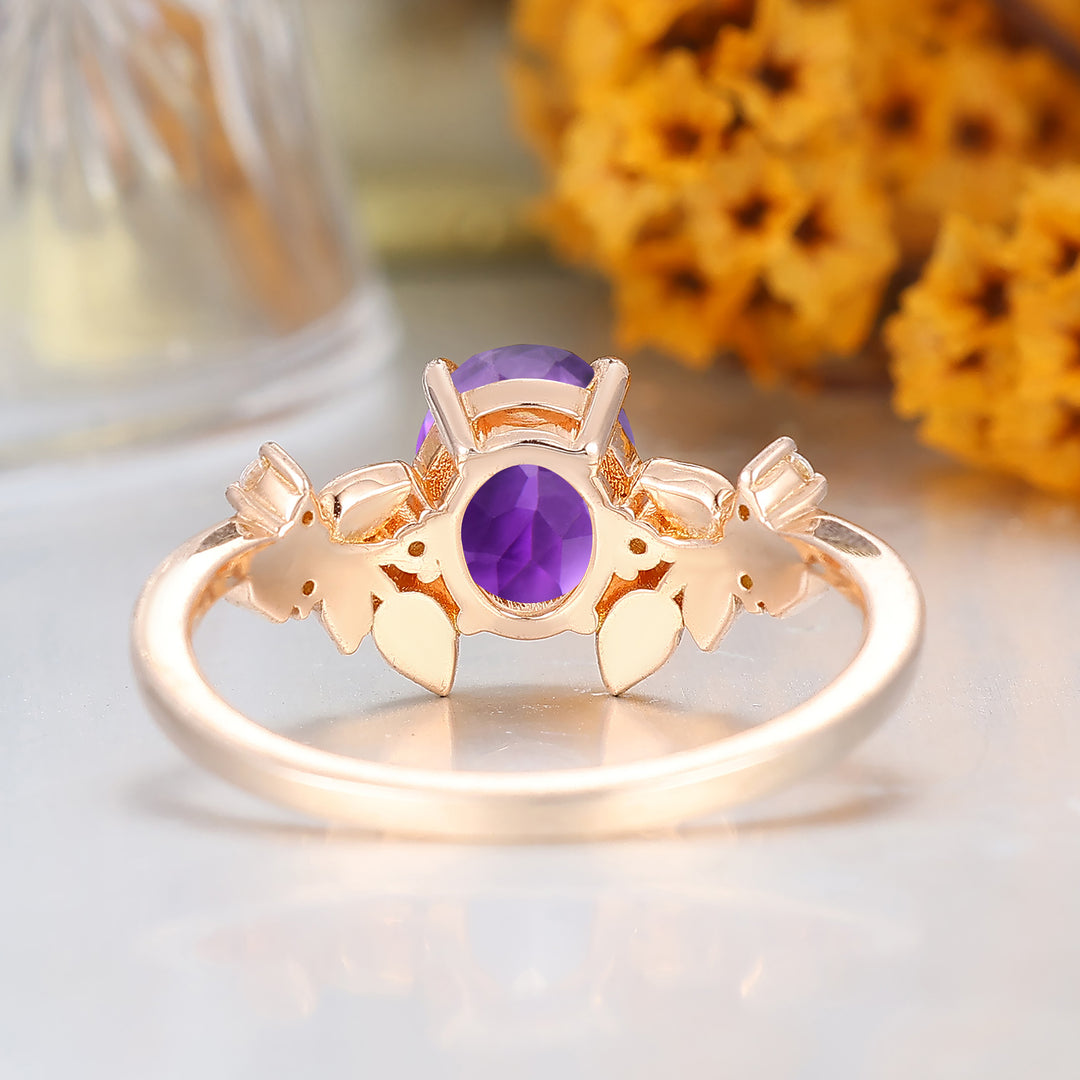 Bague de fiançailles pour femme en améthyste naturelle taille ovale style feuille Art déco bague de promesse