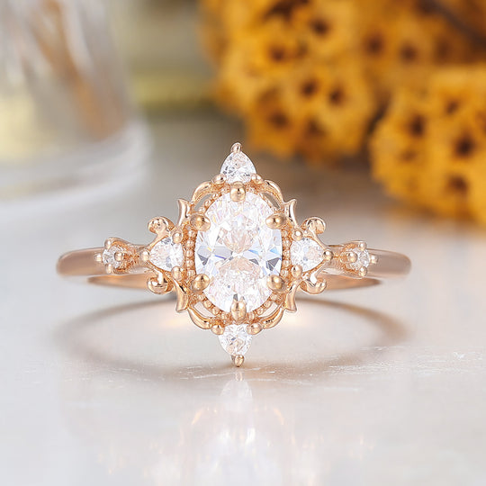 Vintage Floral Moissanite Engagement Ring Rose Gold Oval Cut Cluster Moissanite Wedding Ring
