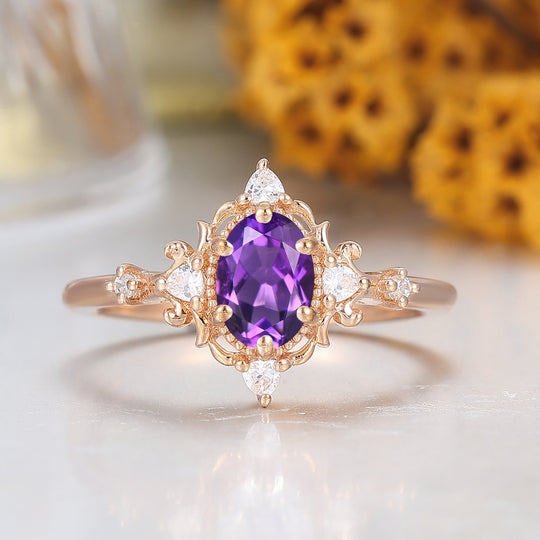 Vintage Filigreed Natural Amethyst Engagement Ring 14K Rose Gold Women Ring