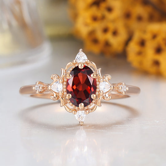 Baroque-inspired 1CT Oval Cut Natural Red Garnet Cluster Engagement Ring Bridal Ring